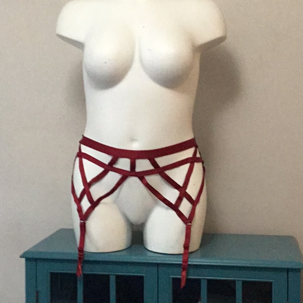 Red Strappy Garter Belt Harness - Women's Intimates